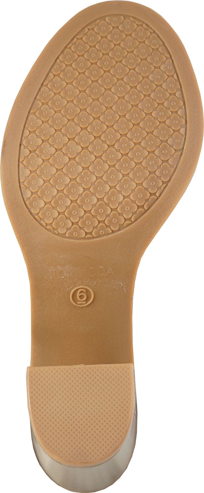 Sole of a tan shoe with a flower pattern and a '6' in the middle.