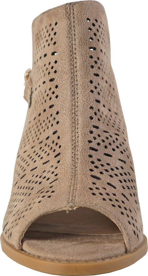 Open-toe taupe ankle bootie with intricate cutouts.