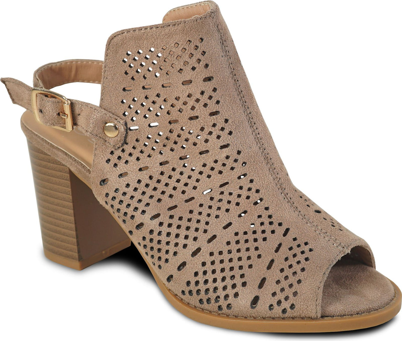 Tan open-toed sandal with geometric cutout design and block heel.