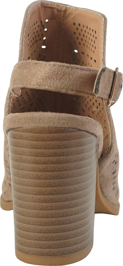 A heeled sandal with a circular cutout design and buckle strap.