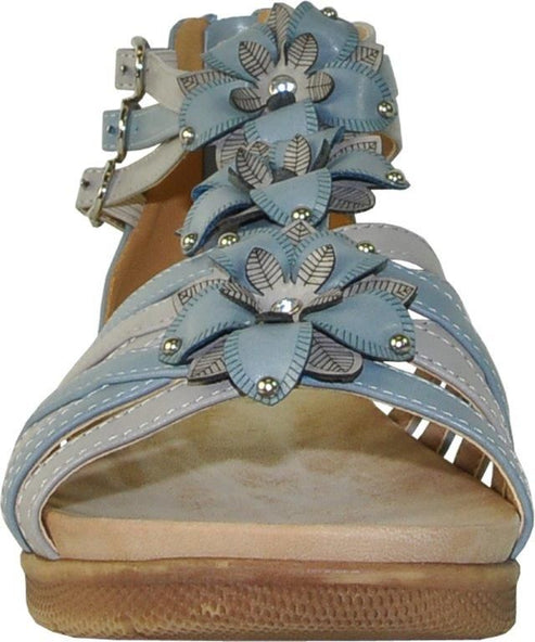 Blue open-toe sandal with flower accents and multiple straps.