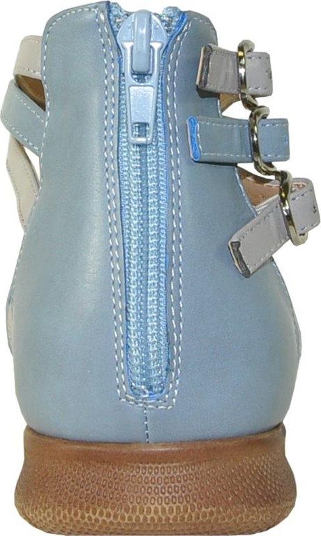 Back view of light blue sandal with zipper closure and multiple straps and buckles.