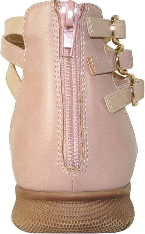 Rear view of a light pink and tan sandal with multiple straps and a back zipper.