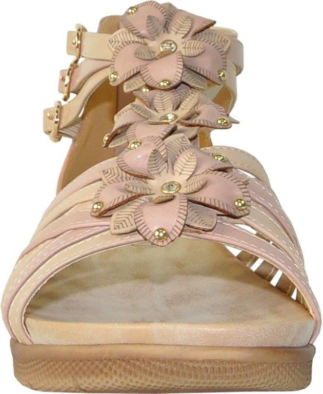 beige sandals with adjustable straps and floral embellishments