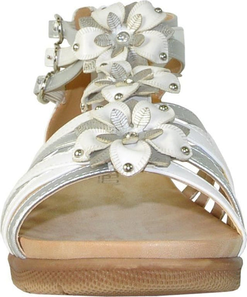 White and silver sandals with flower embellishments.