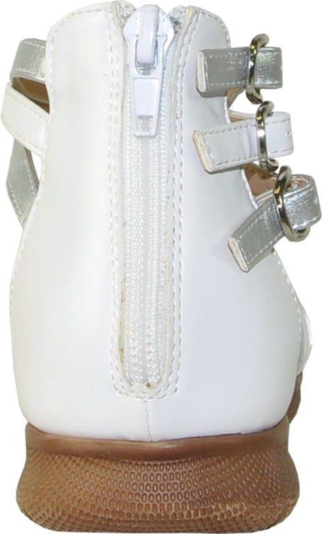 Back view of a white sandal with silver buckle straps and a zipper closure.