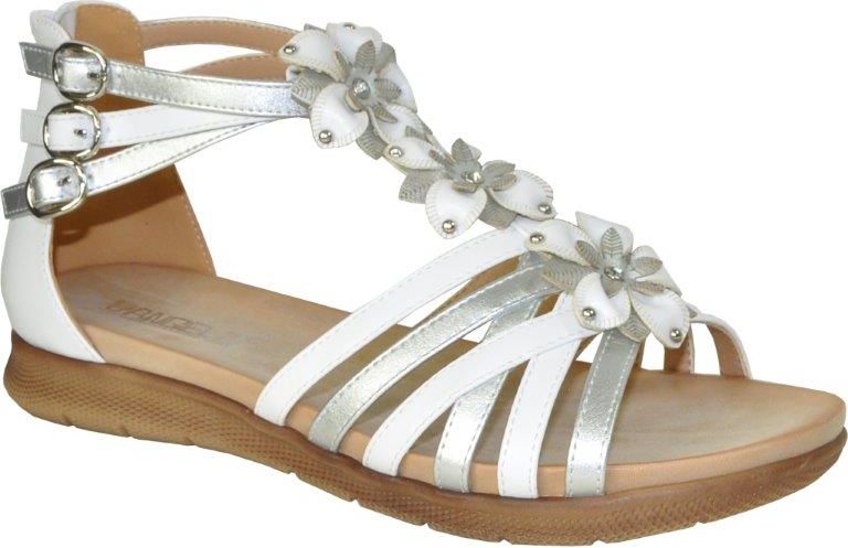White and silver strappy sandal with decorative flowers and buckle closure.