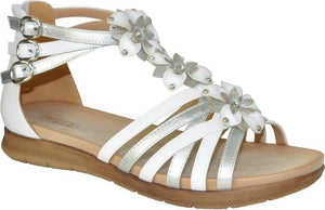 White and silver strappy sandal with decorative flowers and buckle closure.