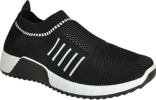 Black slip-on athletic shoe with white stripes.