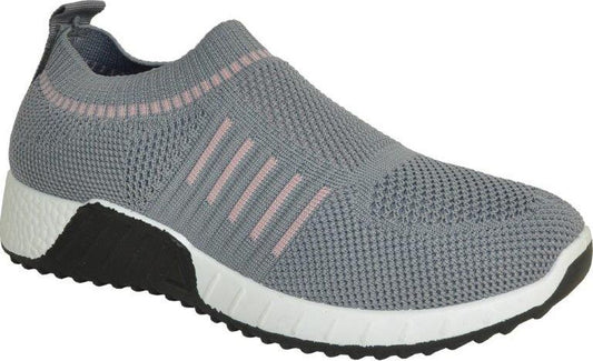 A slip-on style athletic shoe in gray knit with pink stripes.