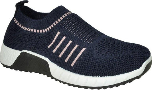 Navy blue slip-on sneaker with a knitted upper, light pink accents, a white midsole, and a black outsole.