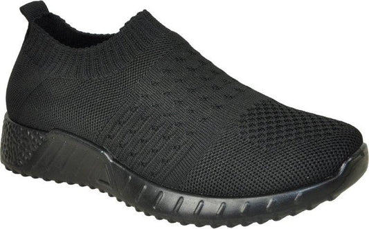 Black knit slip-on sneaker with a low profile.