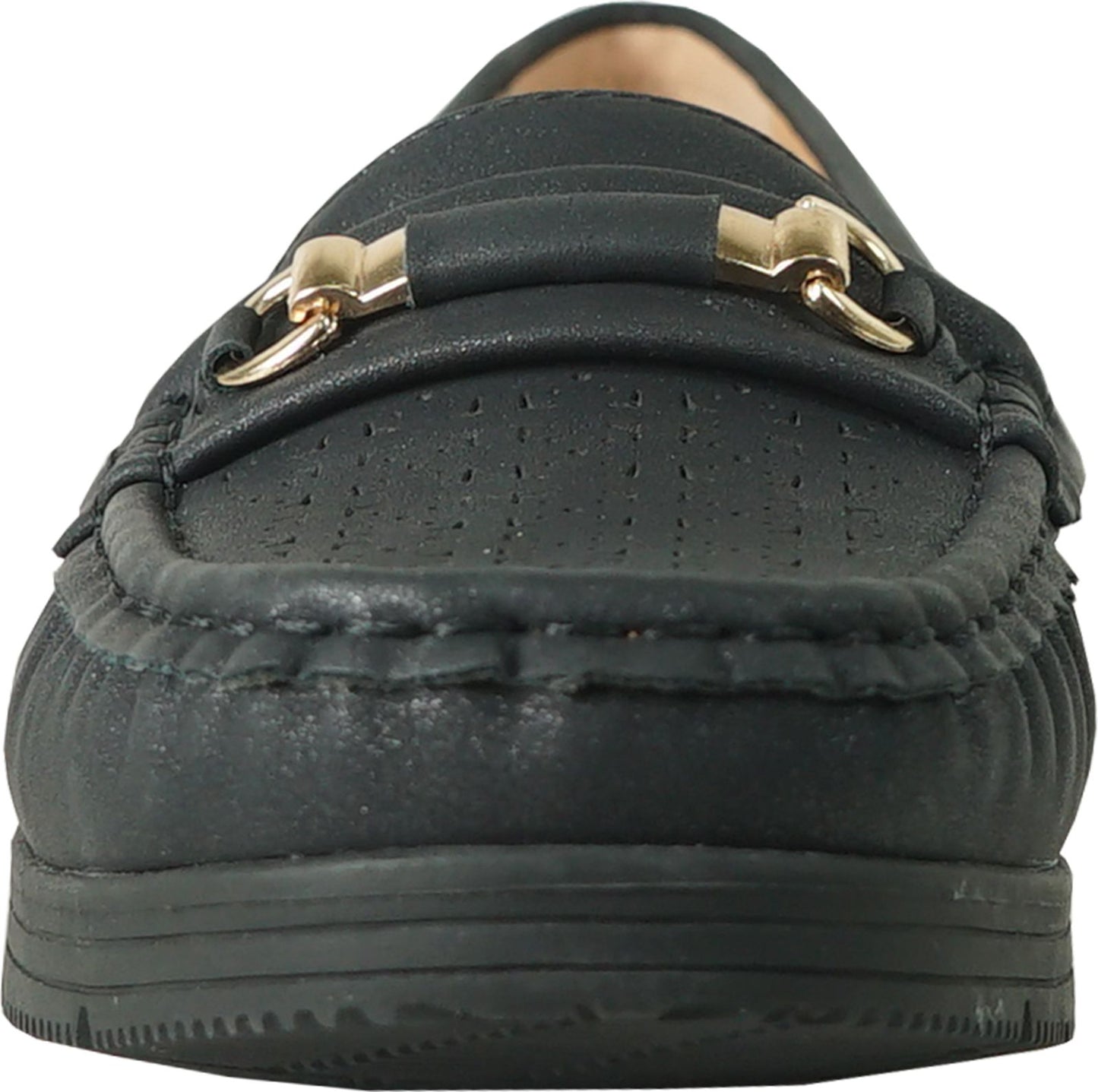 Black loafer with a gold-colored buckle detail.