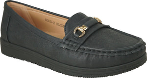 Black, low heel loafer with a gold-colored decorative buckle.