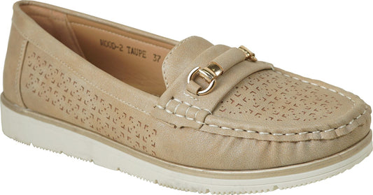 Taupe loafer with perforated design and gold-toned buckle detail.