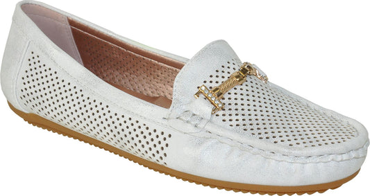 White perforated loafer with gold-toned hardware and brown sole.