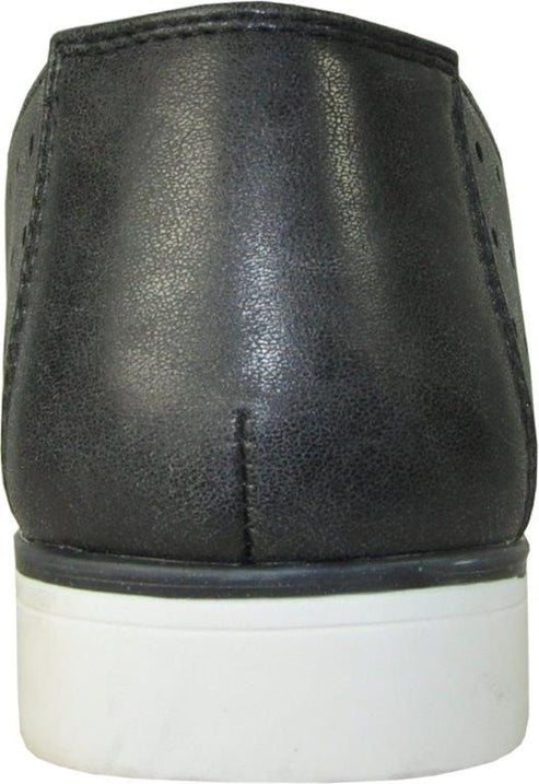 Back view of a black shoe with white rubber sole.