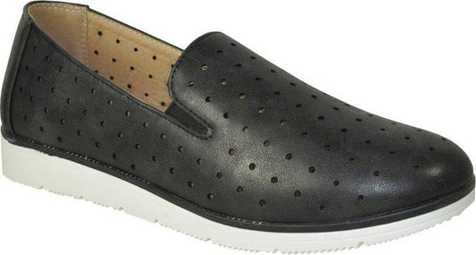 Black leather loafer with small perforations and a white sole.