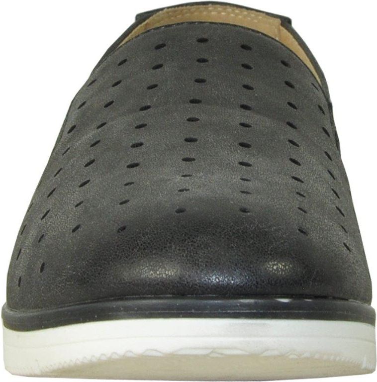 Black perforated slip-on shoe with white sole.