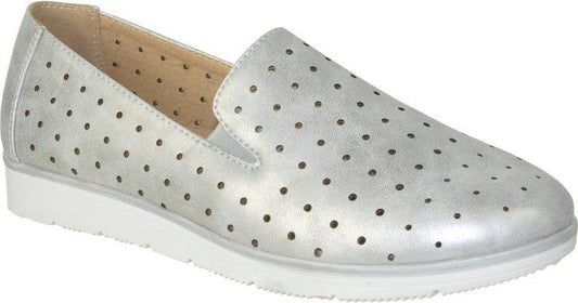 Silver leather slip-on shoe with small perforated dot pattern and white sole.