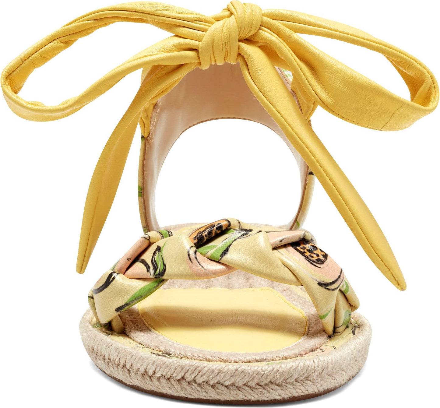 Yellow, espadrille flat sandal with knot at the front and ankle tie.