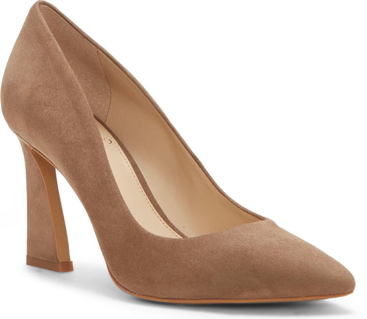 Taupe suede pump with a tall, blocky heel.