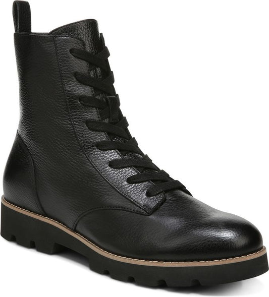 Black leather lace-up combat boot with a lug sole.