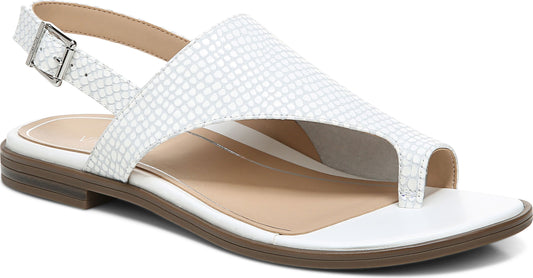 White sandal with thong, reptile texture upper, buckle ankle strap, and low heel.