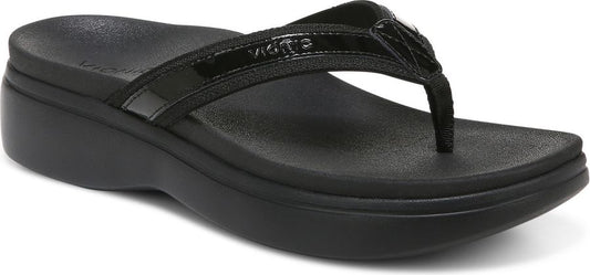 Black flip-flop with glossy strap and platform sole.