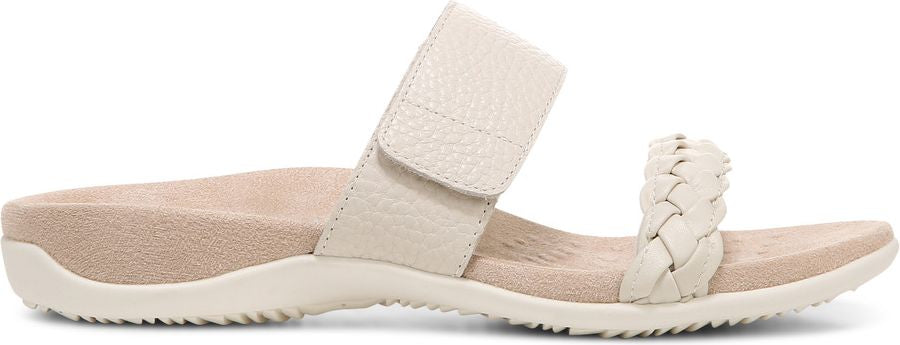 Beige slide sandal with braided and hook-and-loop straps.