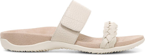 Beige slide sandal with braided and hook-and-loop straps.