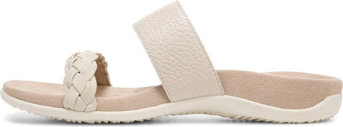 A women's slide sandal with a braided strap across the toes and a wide strap across the instep.