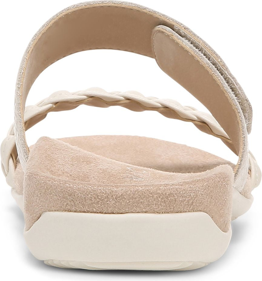 Beige sandal with two braided straps, back view.