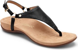 A single black sandal with a toe loop, tan insole, ankle strap, and gold buckle.