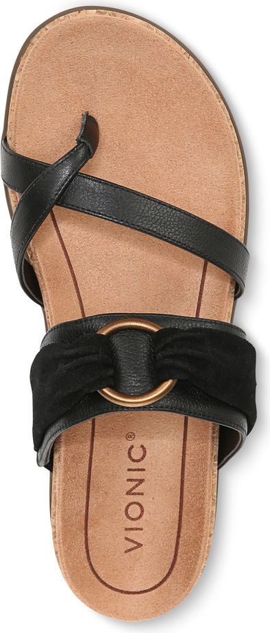 A close-up of a black sandal with a toe loop and straps, as well as a gold metal ring detail and a logo of "VIONIC".