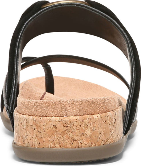 Back view of a black sandal with toe thong and cork footbed.