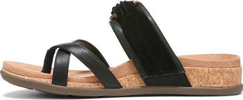 A black sandal with a toe loop and a thick cork sole.