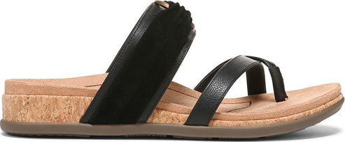 Black sandal with two straps, one over the toes and one across the foot, and a cork-look sole.