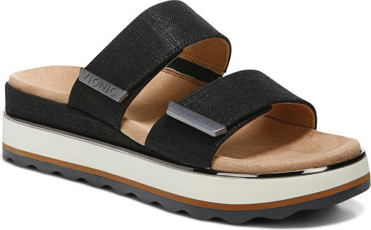 Two-strap black slide sandal with a silver accent on a platform sole.