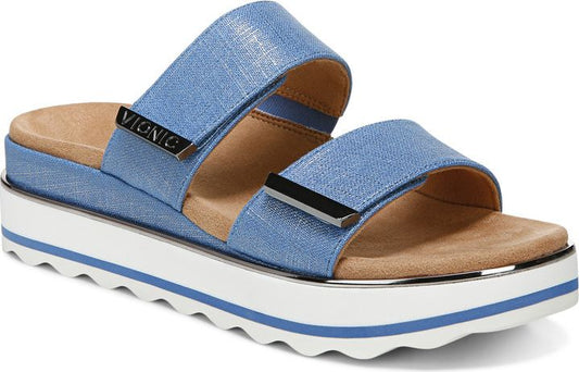 Blue sandal with two straps and a white platform sole with a blue accent line.
