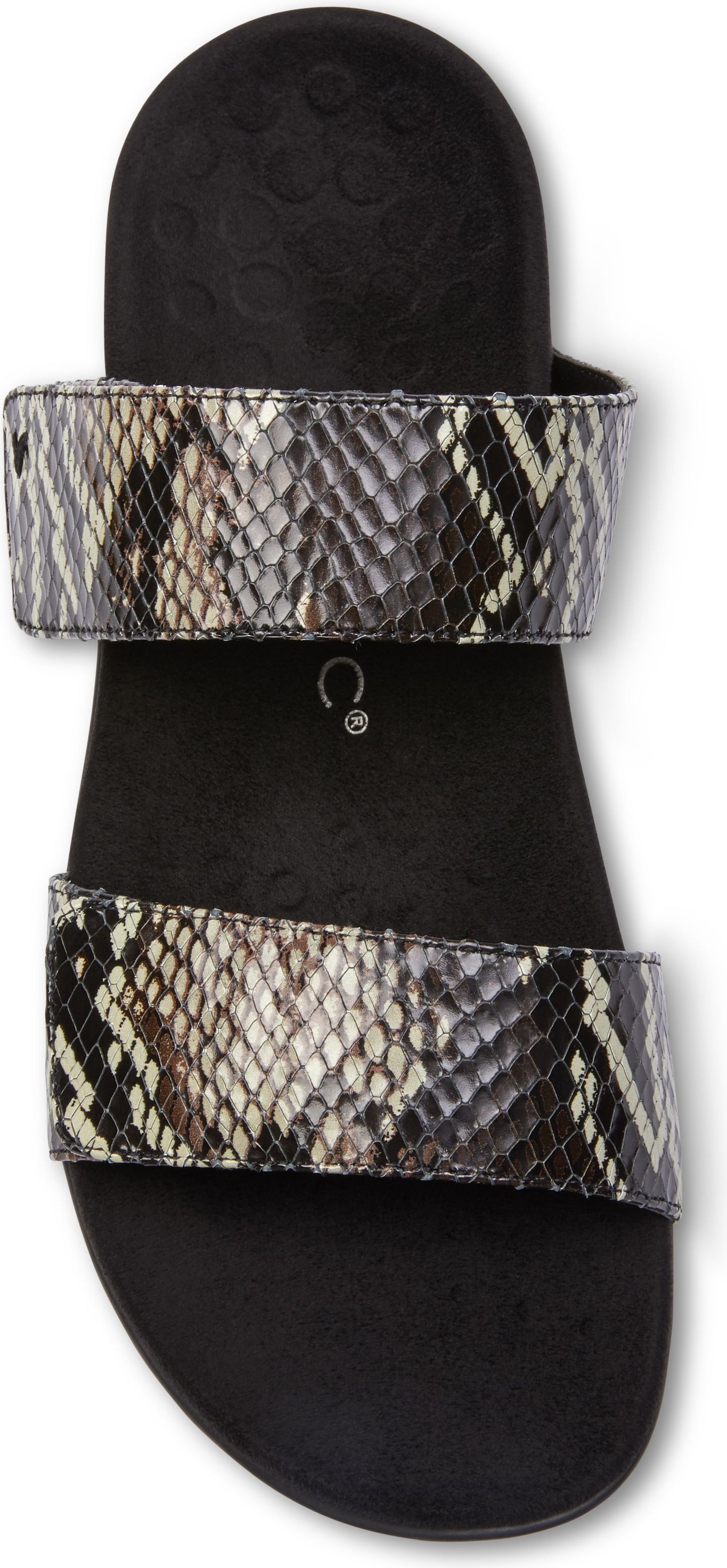 A black slide sandal with a snake print strap.