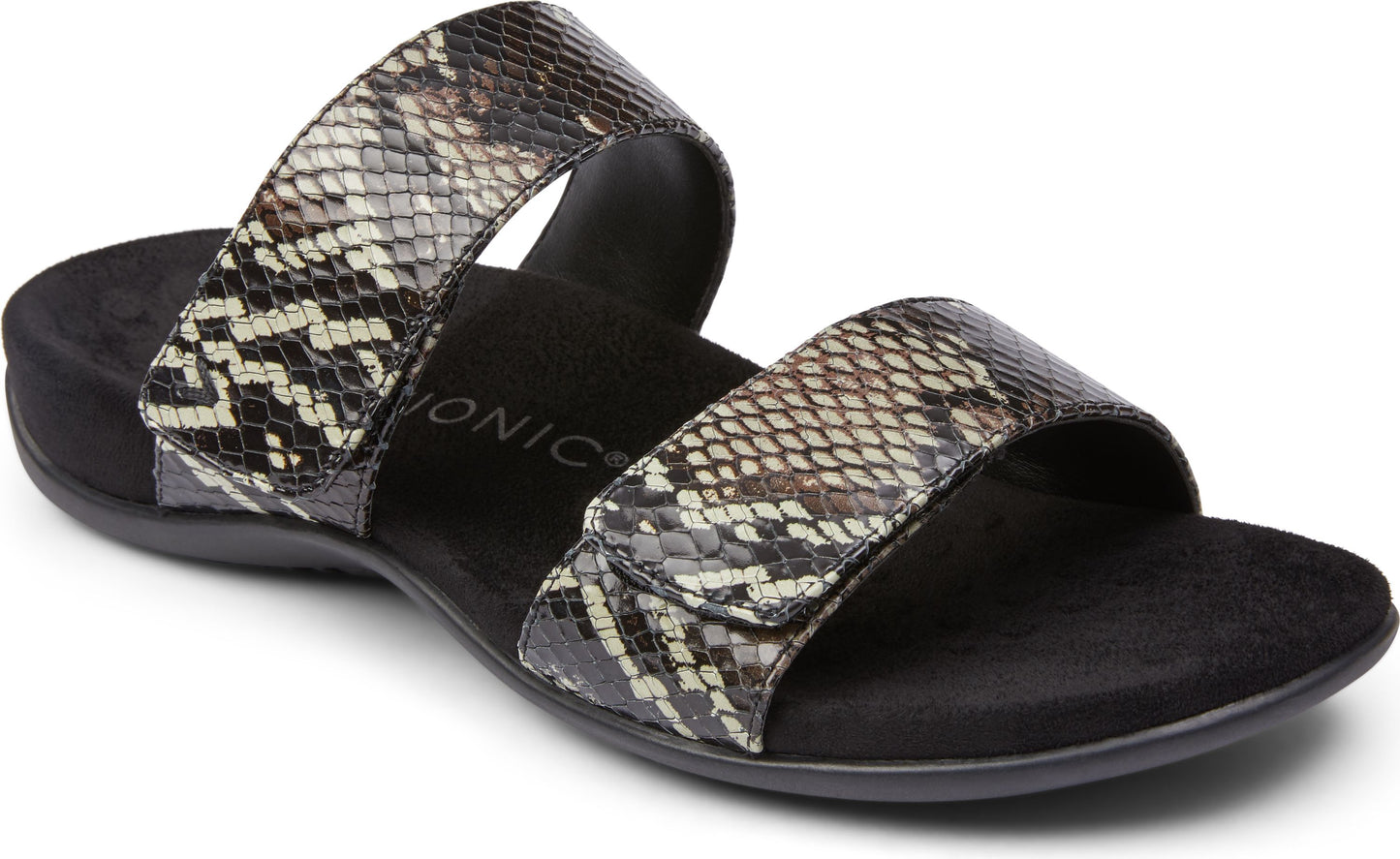 Slide sandal with two snakeskin-pattern straps