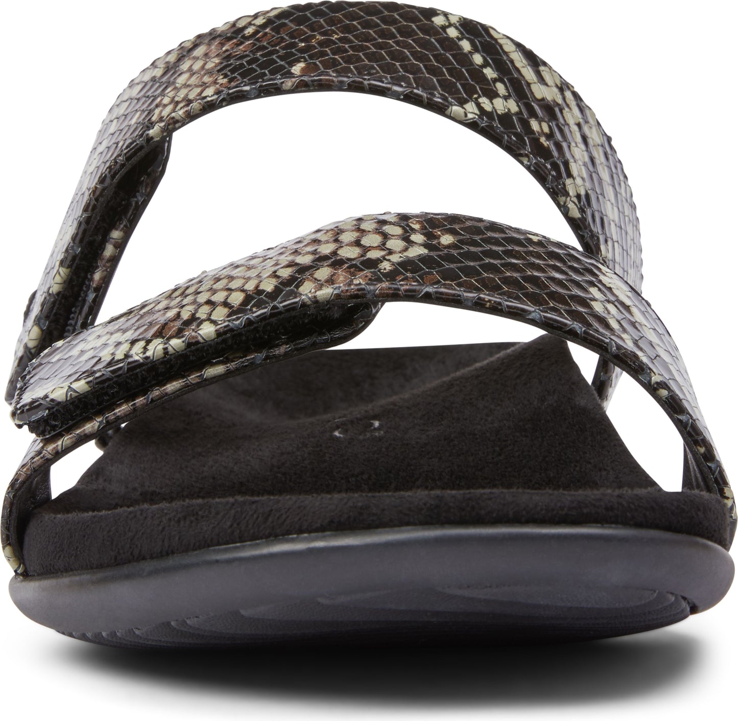 Snakeskin print sandal with two adjustable straps and black sole.