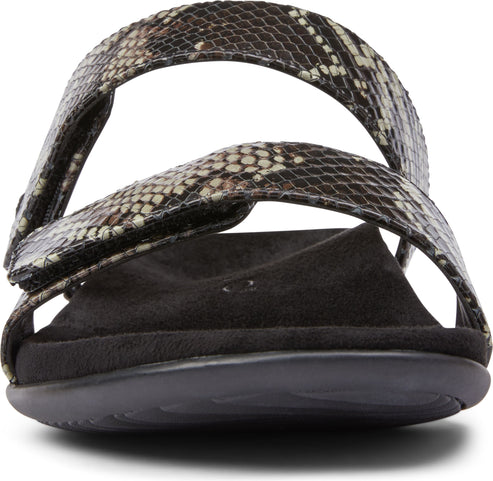 Snakeskin print sandal with two adjustable straps and black sole.