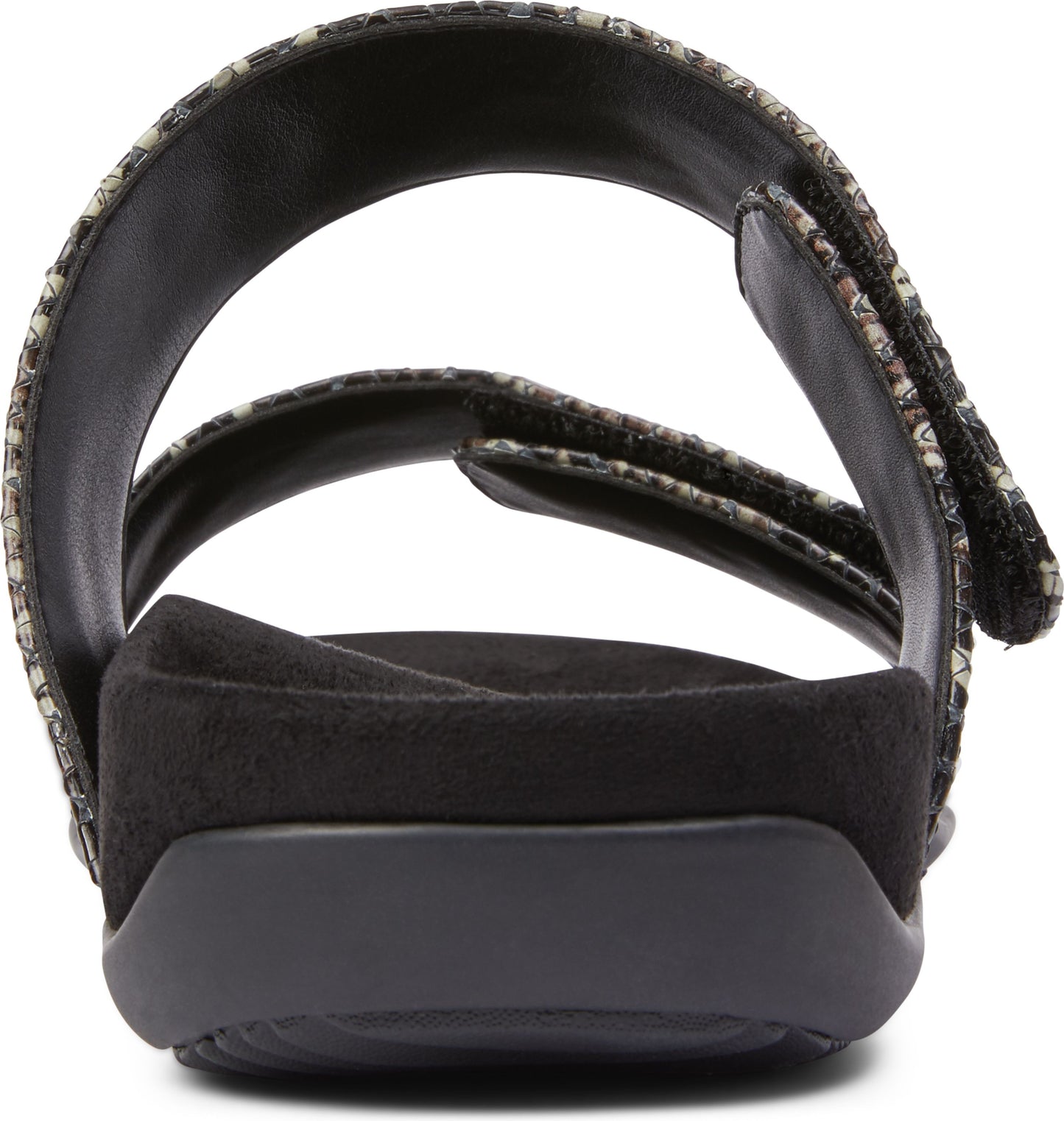 Back view of a sandal with snake print straps and a black sole.