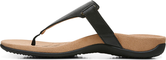 A black sandal with a toe post and an adjustable strap.