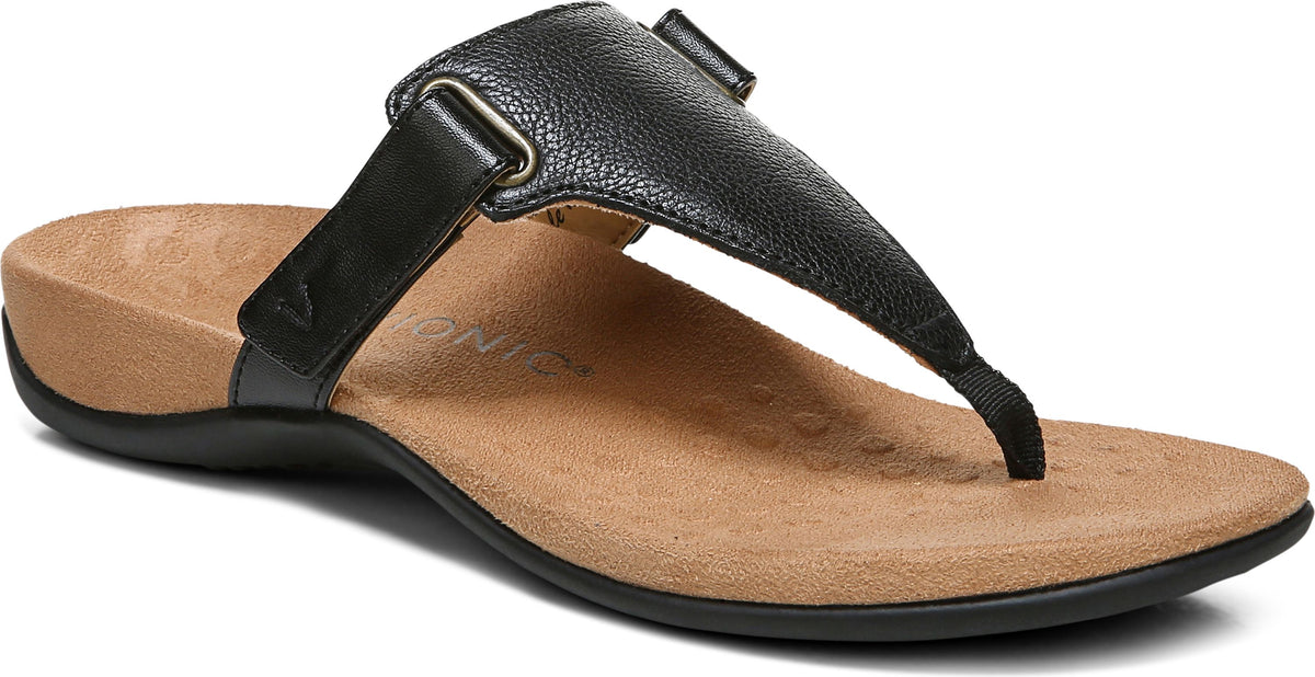 Black leather sandal with a toe post and an adjustable buckle strap.