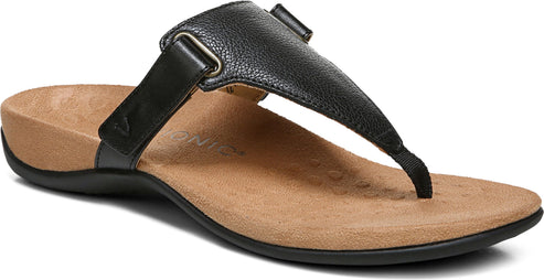 Black leather sandal with a toe post and an adjustable buckle strap.