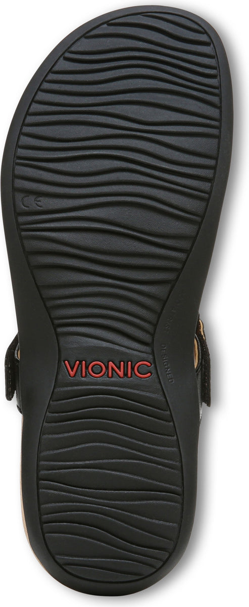 The underside of a black sandal. The sole is ridged with the word "VIONIC" in red on the arch.