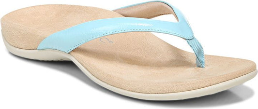 A sandal with a light blue strap and beige sole.